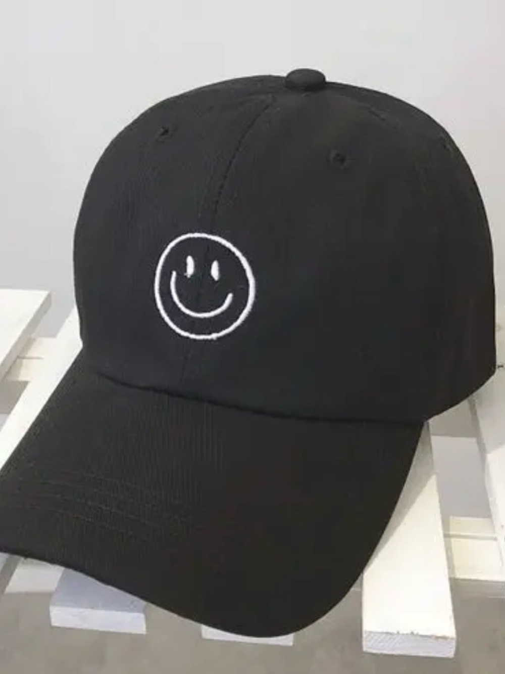 Black Smiley Face Embroidered Baseball Cap